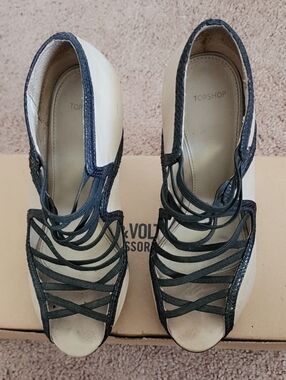 Topshop White and Black Strappy Peep-Toe Heels